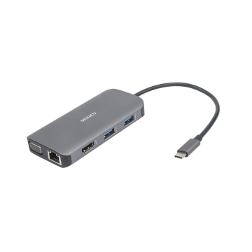 USB-C dockingstation 3x USB-A, SD/microSD, RJ45, HDMI, VGA, sølv