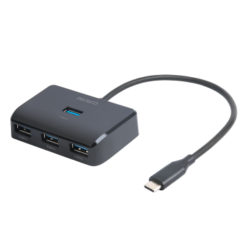 USB-C hub med 4 USB-A porte, 5 Gbit/s, ekstra strømindgang, sort