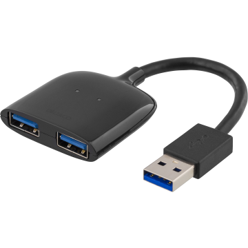 PRIME USB 3.1 Gen 1 hub, 1xType A han - 2x type A hun, 0,15m kabel, sort