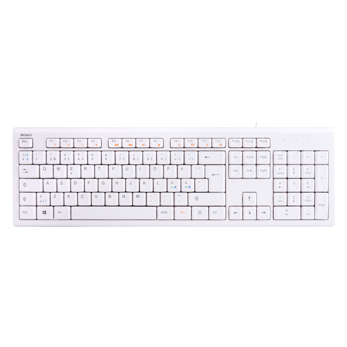 Keyboard, 105 keys, Nordic layout, USB, white, 13 media keys, slim design